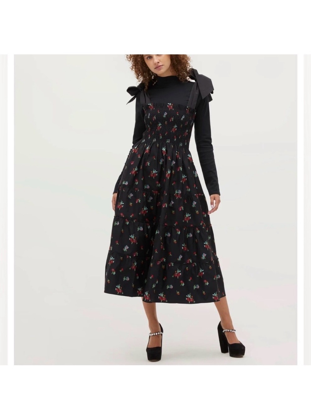 Hill House Nap Dress Black Floral Tie-Shoulder Midi Dress